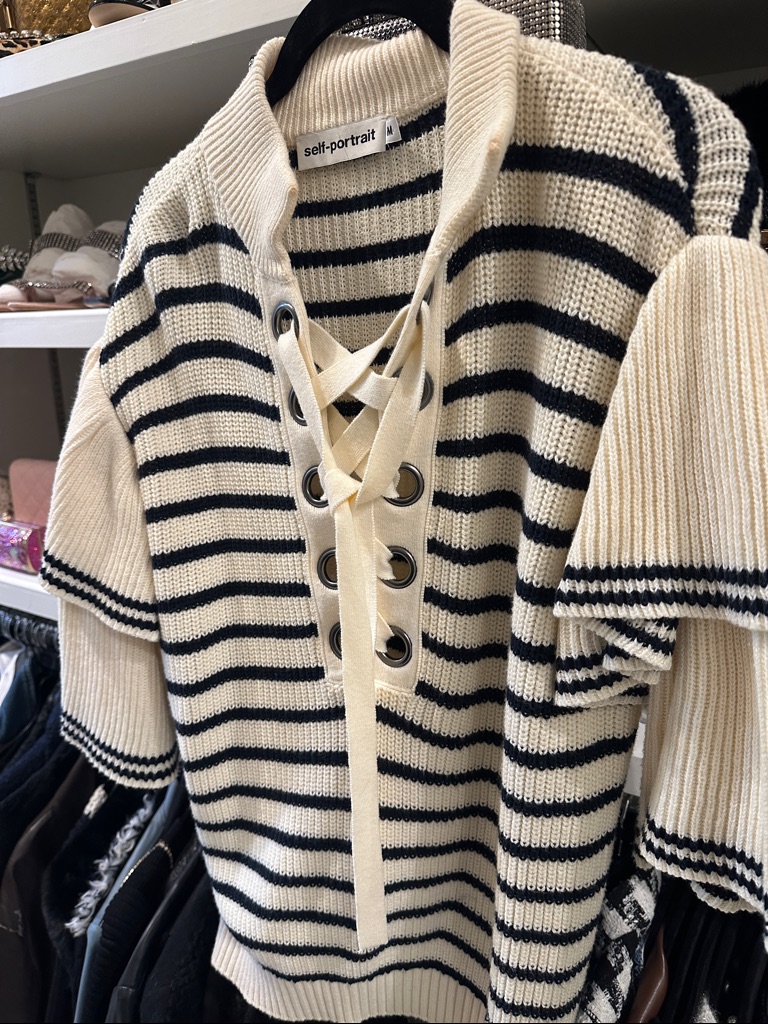 Self-Portrait Cream And Black Striped Crewneck Sweater
